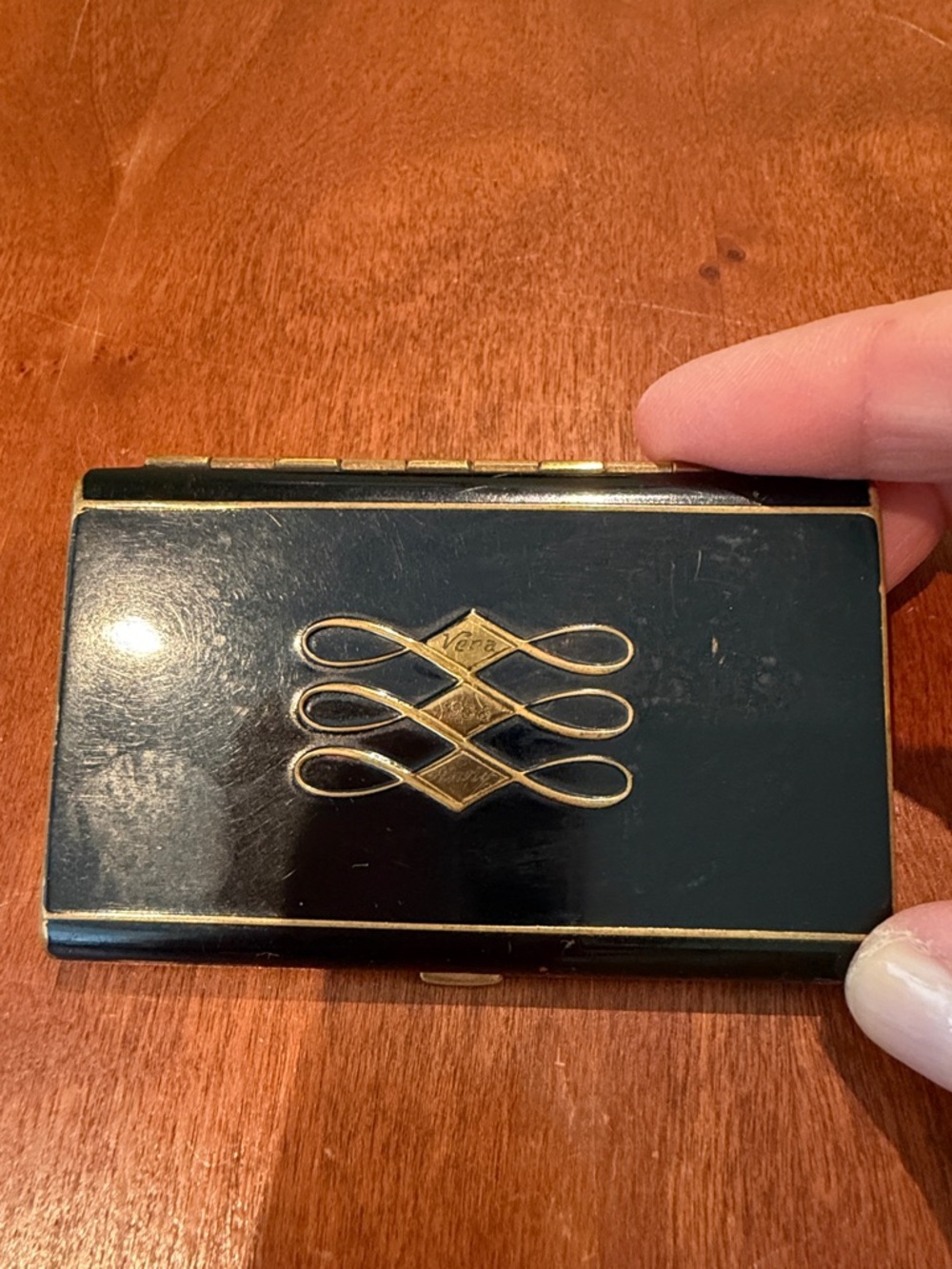 Antique 1938 Black enamel and Brass Decorative Compact Case
